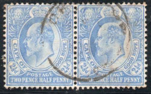 Cape of Good Hope 1902 definitive 2½d ultramarine pair very fine used. SG 73. Cat £24 (2018)