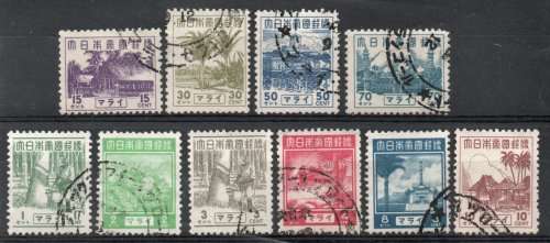Malaysia Japanese Occupation 1943 Definitive set of 10 very fine used. SG J297-306. Cat £23 (2018)
