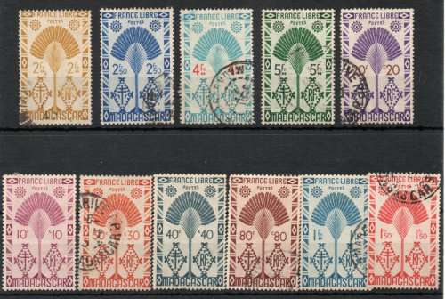 Madagascar 1943 Free French Issue part set of 11 very fine used. Between SG 255-267. Cat £25 (2013)