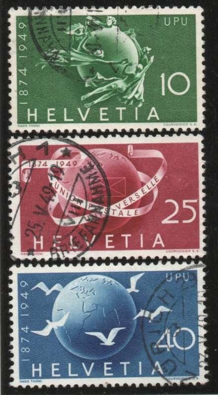 Switzerland 1949 UPU 75th Anniv set of 3 very fine used. SG 503-505. Cat £20,25 (2013)