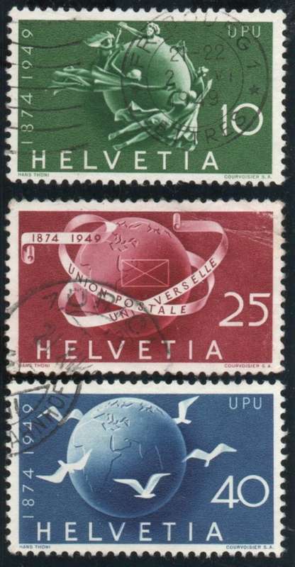 Switzerland 1949 UPU 75th Anniv set of 3 fine used. SG 503-505. Cat £20,25 (2013)