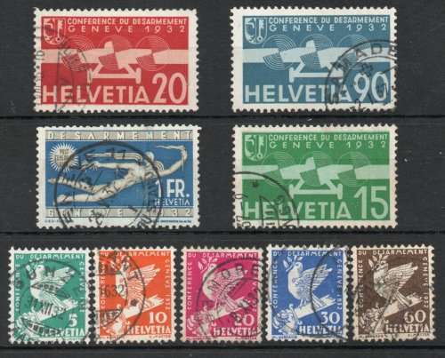 Switzerland 1932 International Disarmament Conference set of 9 used. SG 338-346. Cat £96,60 (2013)