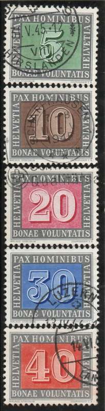 Switzerland 1945 Peace part set of 5 very fine used. SG 447-451. Cat £22,65 (2013)