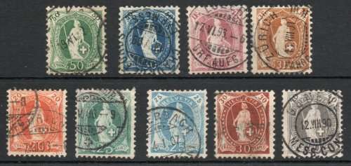 Switzerland 1882 Defin part set of 9 (no 1Fr red) very fine used. Cat SG simplified £128 (2013)