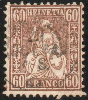 Switzerland 1862 Defin 60c bronze fine used. SG simplified 59. Cat £200 (2013)