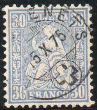 Switzerland 1862 Defin 30c blue very fine used. SG simplified 65a. Cat £14,50 (2013)