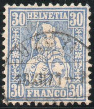Switzerland 1862 Defin 30c blue very fine used. SG simplified 65a. Cat £14,50 (2013)