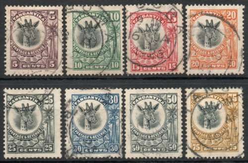 Tanganyika 1922 -24 Giraffe definitive short set of 8 fine used. SG 74-79, 81-82. Cat £39,25 (2018)