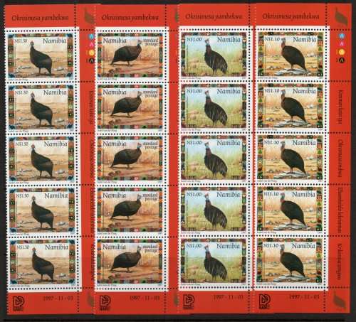 Namibia 1997 Guinea Fowl set of 4 in control strips of 5 unmounted mint. SACC 227-230.