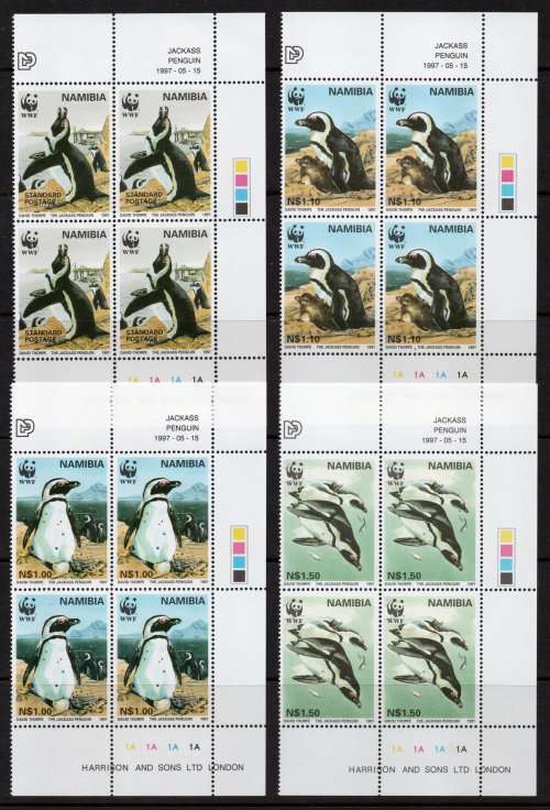 Namibia 1997 Jackass Penguin WWF set of 4 in control blocks of 4 unmounted mint SACC 174-77. Cat R92