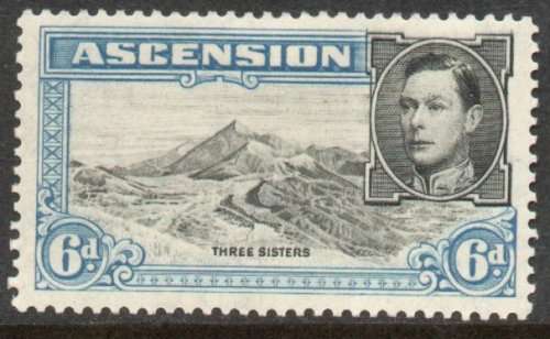 Ascension 1938-53 KGVI definitive 6d black & blue perf 13½ mounted mint. SG 43. Cat £13 (2018)