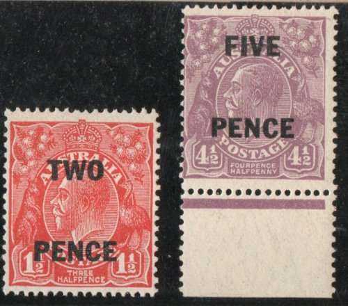 Australia 1930 surcharges 2d on 1½d & 5d on 4½d unmounted mint. SG 119-120. Cat as mm £17.75 (2018)