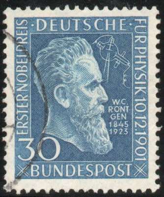 Germany 1951 50th Anniv of Nobel Prize for Physics to Rontgen 30pf vfu. SG 1073. Cat £22 (2013)