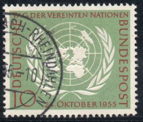 Germany 1955 U.N. Day 10pf green and brown very fine used. SG 1147. Cat £5.75 (2013)