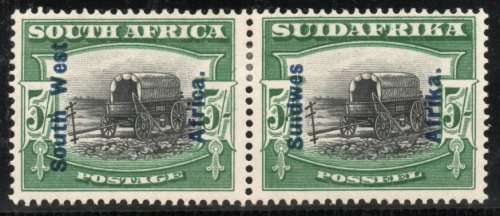 South West Africa 1926-27 Pictorials of SA ovpt 5/- black and green mm pair. SACC 79. Cat R4000.