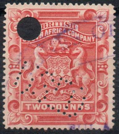 Rhodesia 1897 Definitive £2 rose red perf 15 revenue used. SACC 66 / SG 74. Barefoot 2a.