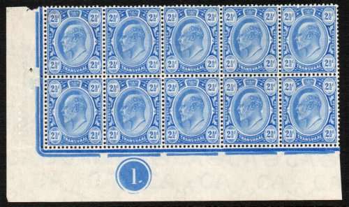 Transvaal 1905-1909 KEVII 2½d plate No. 1 extended block of 10 umm. SG 276 / SACC 282.