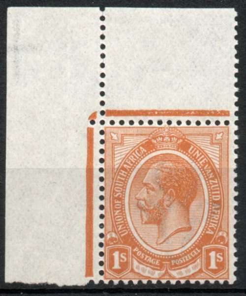 South Africa 1913 KGV 1/- corner single with Jubilee lines unmtd mint. SACC 11. Cat R170 (2019-20)