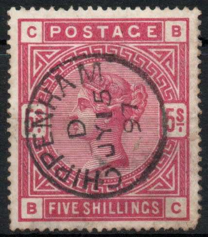 Great Britain 1883-84 QV 5/- rose fine used with lovely circular date stamp. SG 180. Cat £250 (2018)