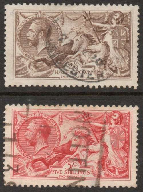 Great Britain 1918-19 KGV `Sea Horses` 2/6d and 5/- very fine used. SG 415a and 416. Cat £220.