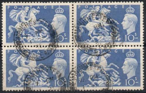 Great Britain 1951 KGVI 10/- ultramarine superb used block of 4. SG 511. Cat £30 (2018)