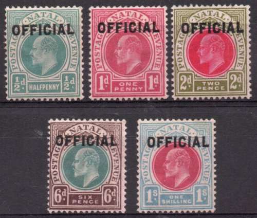 Natal 1904 KEVII Officials part set of 5 mint (no 3d) SACC 1-3, 5 and 6. Cat R6840. (2019-20)