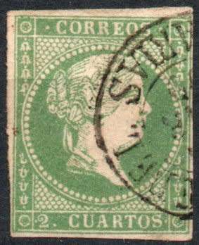 Spain 1855 Definitive 2c green very fine used. SG 54. Cat £45 (2013)