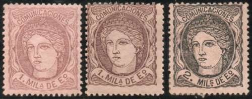 Spain 1870 Definitive 1M x 2 shades and 2M mounted mint. SG 172-73. Cat £26,50 (2013)
