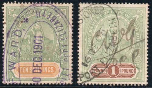 Cape of Good Hope 1898 QV Revenue Hope Standing 10/- and £1 vfu. Barefoot 137 and 139.