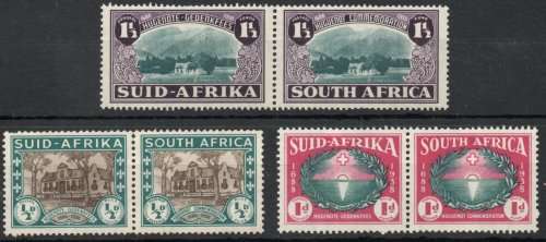 South Africa 1939 Huguenot 250th Anniv set of 3 pairs mm. SACC 81-83. Cat R700 for umm. (2019-20)