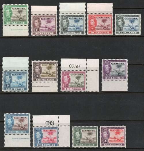 Gambia 1938 KGVI definitive part set of 13 lightly mounted mint. SG 150-159. Cat £106,65 (2018)