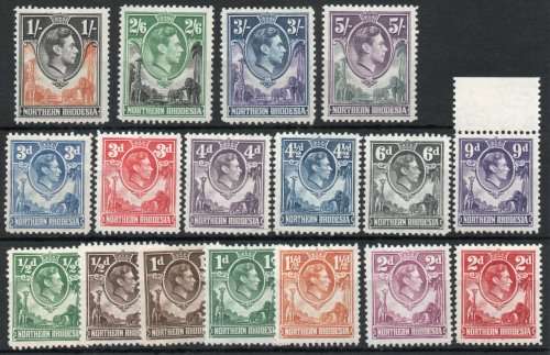 Northern Rhodesia 1938 definitive part set of 17 lmm. SACC 25-28, 30, 32-43. Cat R1814 (2019-20)