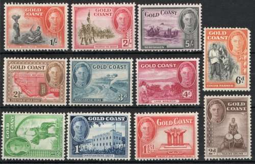 Gold Coast 1948 definitive short set of 11 mounted mint. (½d - 5/-) SG 135-145. Cat £73 (2018)