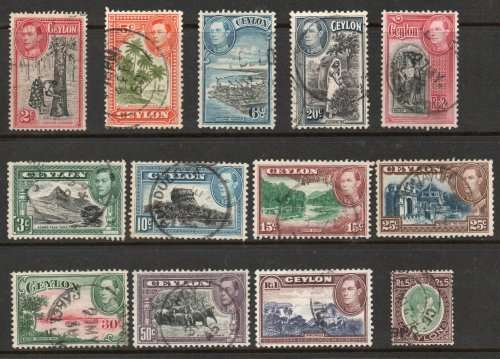 Ceylon 1938-49 definitive part set of 13 (only 1 x 2r) very fine used. Cat £37,65 (2018)