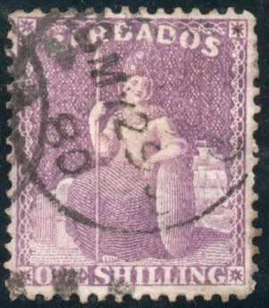 Barbados 1873 Definitive 1/- purple fine used. SG 81. Cat £8,50 (2018)