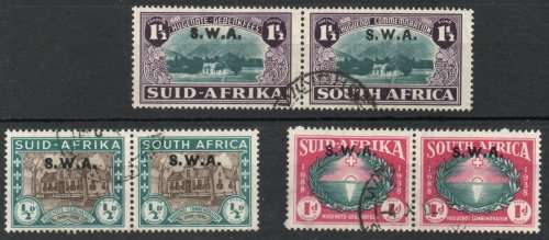 South West Africa 1939 `250th Anniv of Huguenots landing` set of 3 pairs vfu. SACC 138-140.