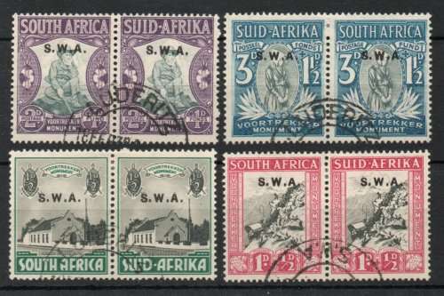 South West Africa 1935-36 Voortrekker Memorial Fund set of 4 pairs vfu. SACC 119-122. Cat R740.