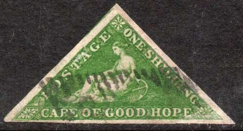 Cape of Good Hope 1855-63 1/- bright yellow-green used with 3 margins. SACC 8. Cat R15000. (2023)