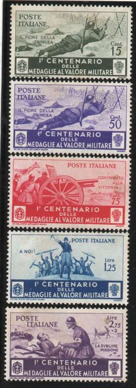 Italy 1934 `Military Medal Centenary` part set of 5 mint. SG 425, 429-31 and 434. Cat £53,20 (2013)
