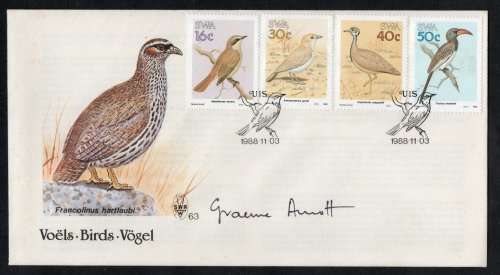 South West Africa 1988 Birds of SWA set of 4 on FDC signed by stamp designer/artist Graeme Arnott.