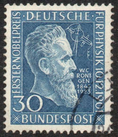 West Germany 1951 50th Anniv of Nobel Prize to Rontgen 30pf vfu. Michel 147. Cat 20 Euro (2020/21)