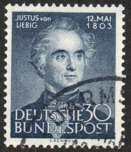 West Germany 1953 150th Birth Anniv of Liebig (chemist) 30pf vfu. Michel 166. Cat 25 Euro (2020/21)