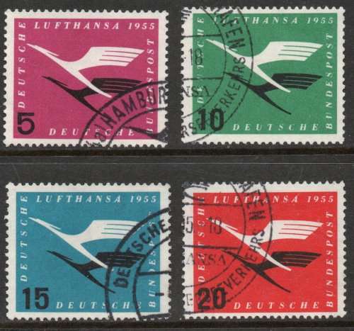 West Germany 1955 Lufthansa Airways set of 4 very fine used. Michel 205-208. Cat 17 Euro (2020/21)