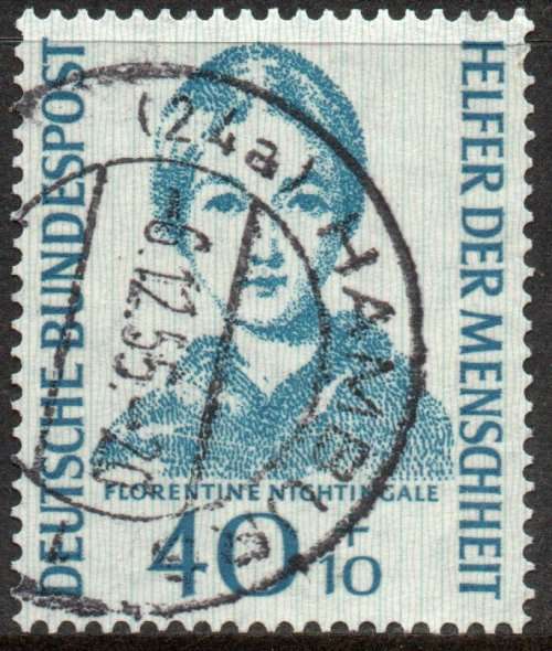 West Germany 1955 Humanitarian Relief Fund 40pf + 10pf blue vfu. Michel 225. Cat 40 Euro (2020/21)