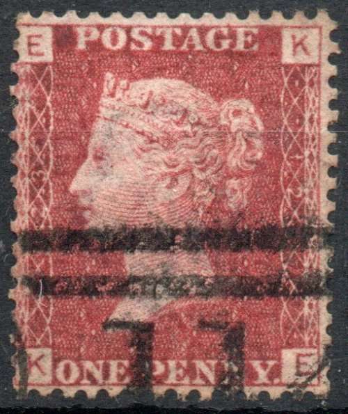 Great Britain 1864-79 QV 1d lake-red plate 123 vfu with scarce inv wmk. SG 44. Cat £35 (2018)
