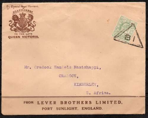 Great Britain KEVII ½d on interesting `SOAPMAKERS` cover from Lever Brothers, England to Kimberley.