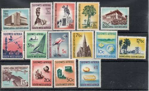South West Africa 1961-63 Definitive set of 15 unmounted mint. SACC 199-213. Cat R1244 (2023-25)