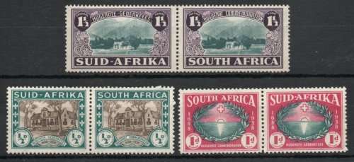 South Africa 1939 250th Anniv of Huguenot landing set of 3 pairs umm. SACC 81-83. Cat R700