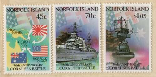 Norfolk Island 1992 `50th Anniv of Battle of the Coral Sea` set of 3 umm. SG 528-530. Cat £6 (2013)