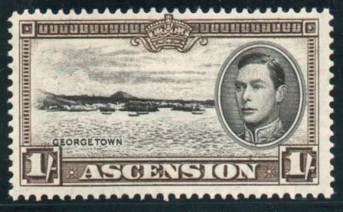 Ascension 1938 KGVI Definitive 1/- black and sepia perf 13½ mounted mint. SG 44. Cat £22 (2022)